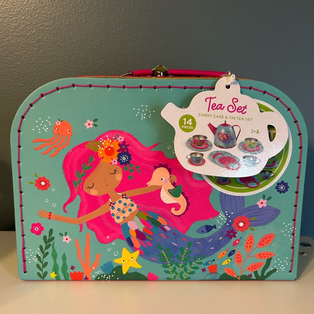 Mermaid themed Tin Tea Set with Carry Case 14 Pieces By Crocodile Creek